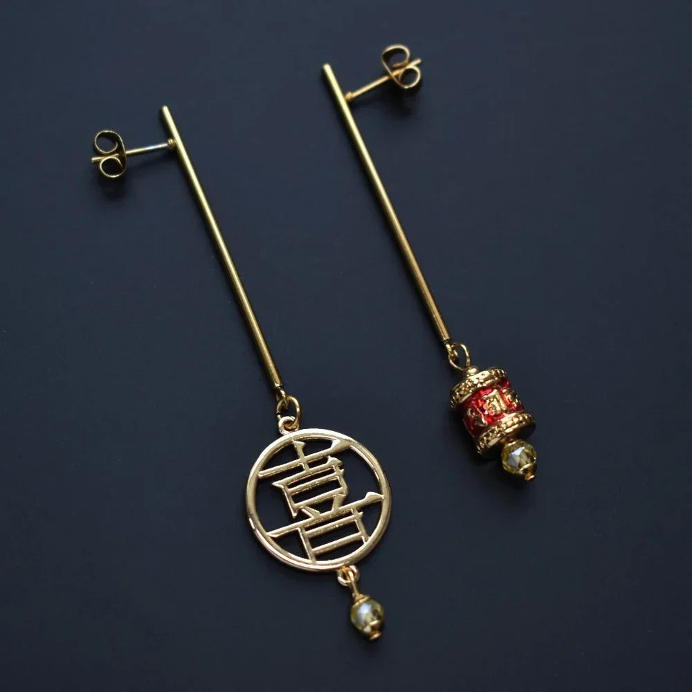 Asymmetrical earrings dangle, long gold drop bar earrings, unusual handmade stud